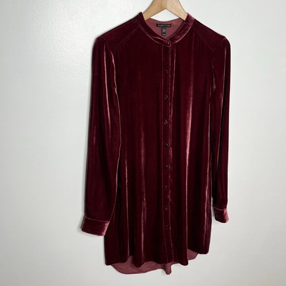 Eileen Fisher Womens Velvet Silk Blend Button Up Tunic Top XS Burgundy Lagenlook - Picture 2 of 10